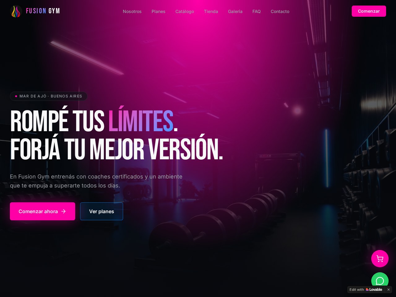 Portada del sitio web de Fusión Gym, gimnasio con información de entrenamiento, desarrollada por Afterlife
