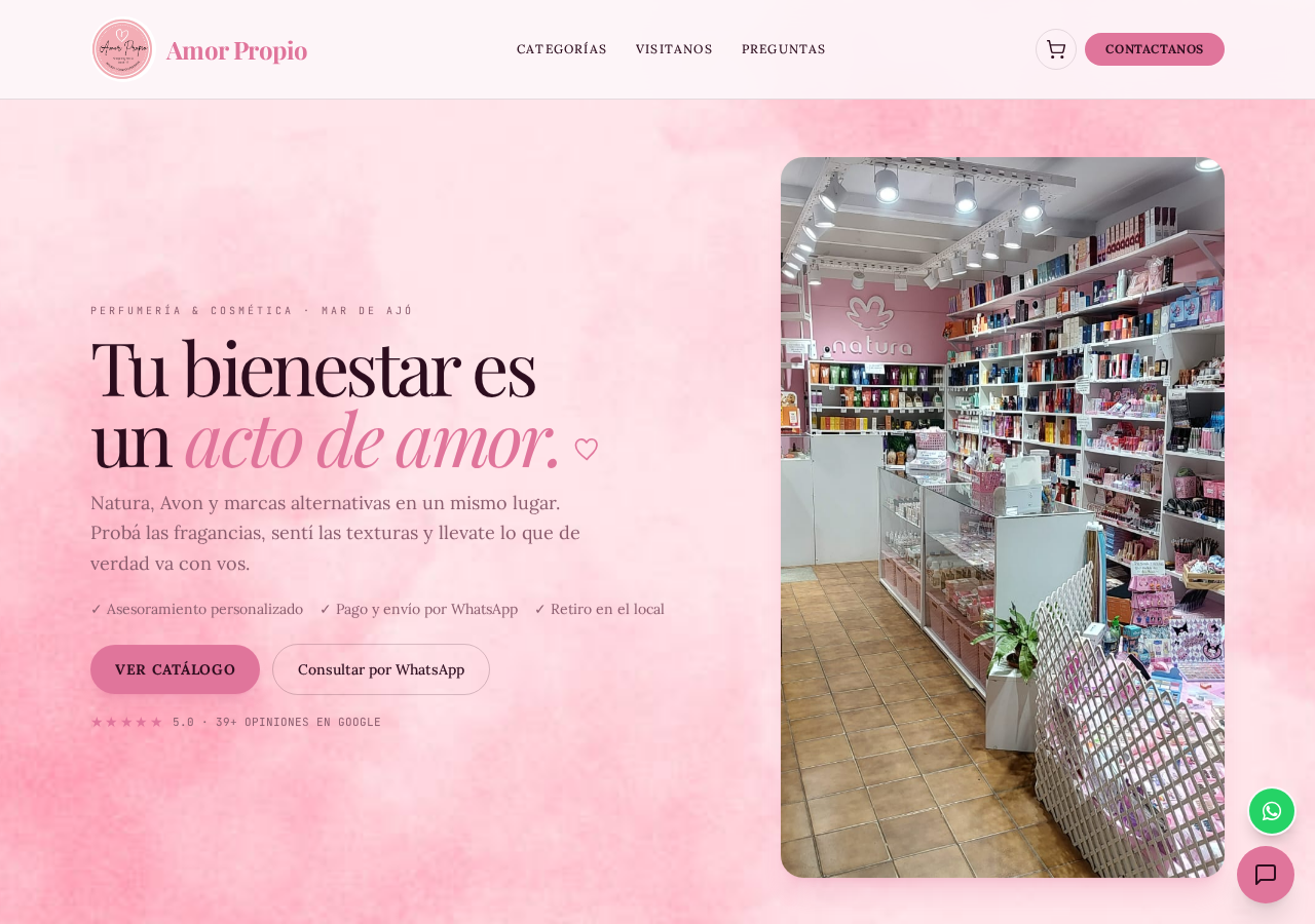 Portada del sitio web de Amor Propio, perfumería y cosmética online desarrollada por Afterlife
